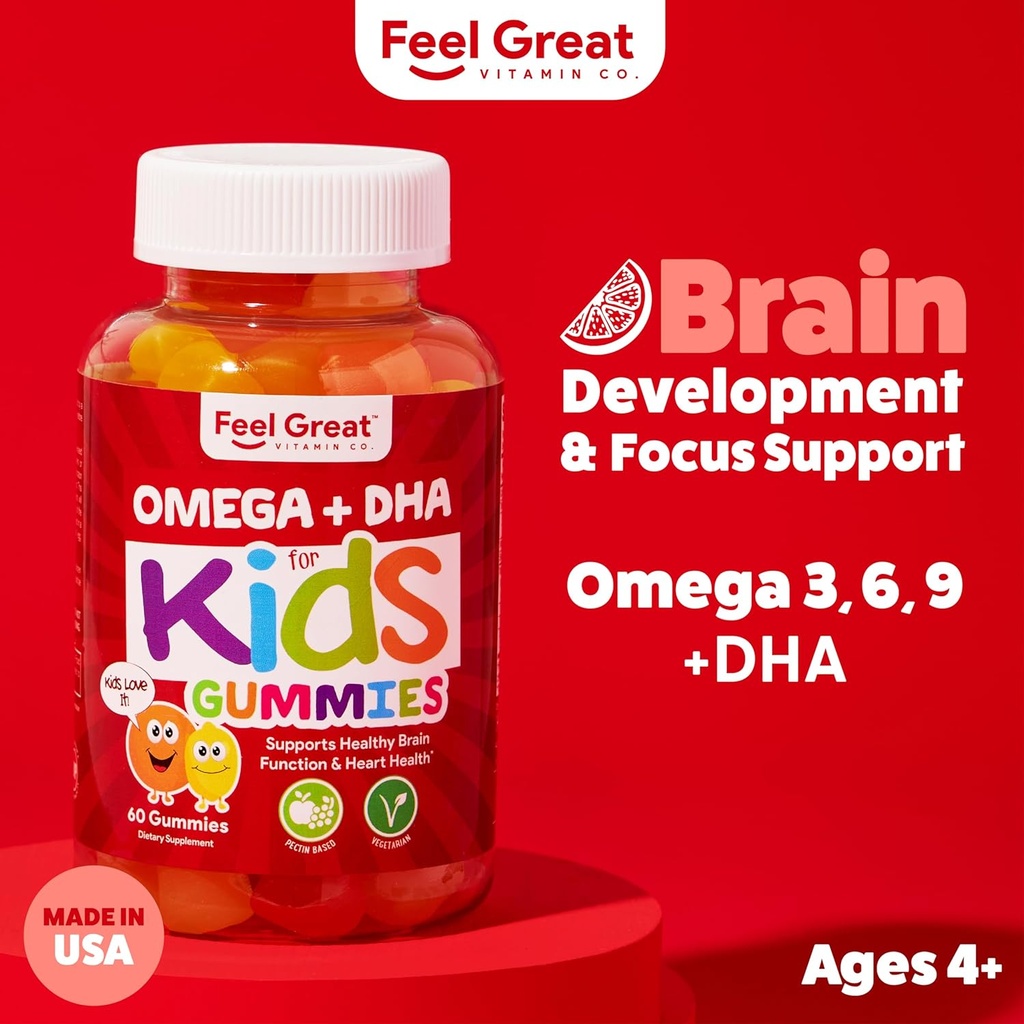 Feel Great Vitamin Co. Complete DHA Gummies for Kids | with Omega 3 6 9 + DHA, Vitamin C | Supports Healthy Brain Function, Vision & Heart Health | Gluten Free, Vegetarian | 60 Gummies 3