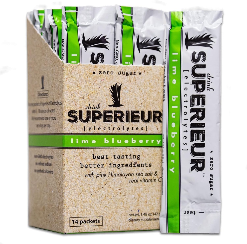 Superieur Electrolyte Powder Packets - Vegan Electrolyte Hydration Powder w/Sea Minerals - Keto Friendly, Non-GMO, Zero Sugar Electrolyte Supplement-Healthy Sports Drink -Lime Blueberry (14 Packets) 2
