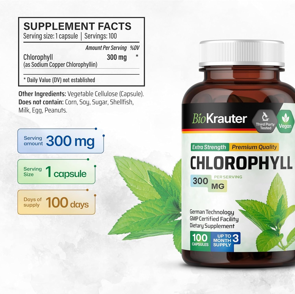 BIO KRAUTER Chlorophyll Capsules - Internal Deodorant and Detox Supplement - Vegan Immune Support Caps - 3 Months Supply 4
