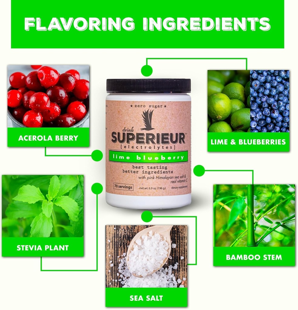 Superieur Electrolyte Powder Packets - Vegan Electrolyte Hydration Powder w/Sea Minerals - Keto Friendly, Non-GMO, Zero Sugar Electrolyte Supplement-Healthy Sports Drink -Lime Blueberry (14 Packets) 4