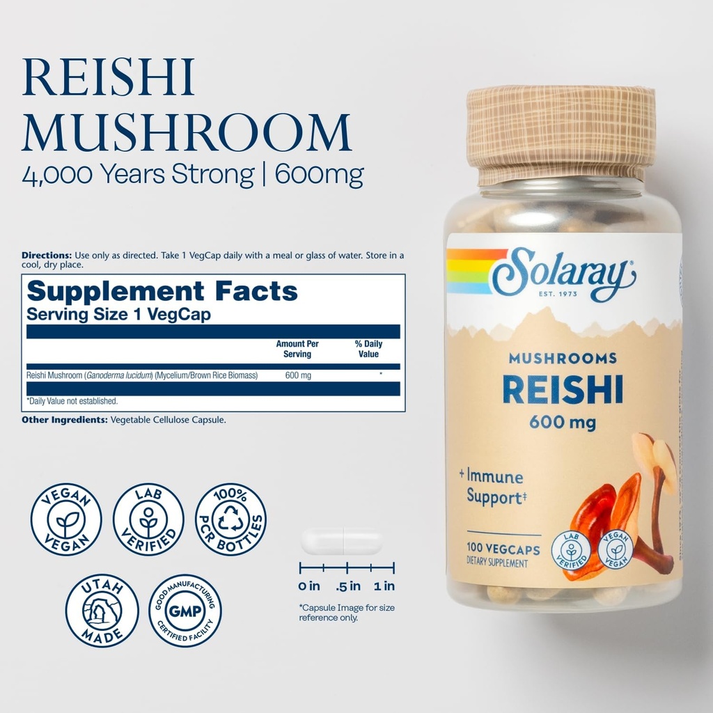 SOLARAY Reishi Mushroom 600mg - Reishi Mushroom Capsules for Immune Support - Vegan, Lab Verified - 60-Day Money-Back Guarantee - 100 Servings, 100 VegCaps 3