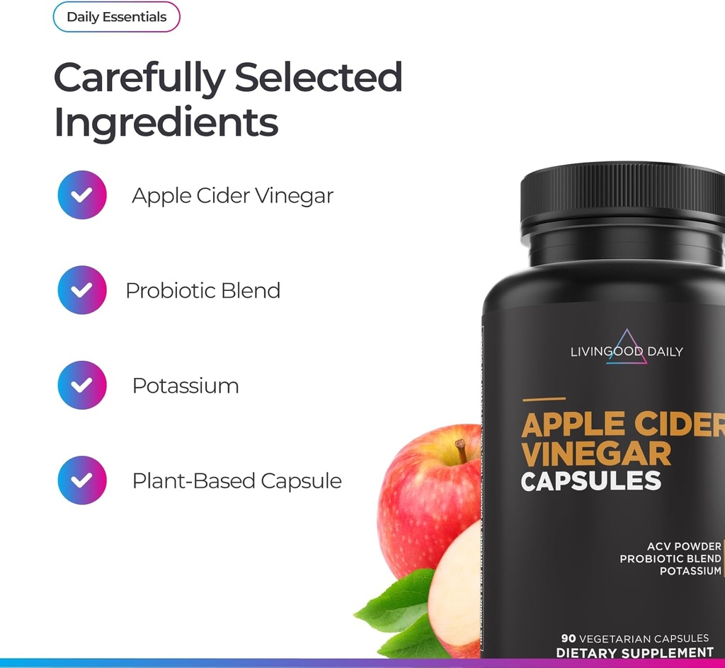 Livingood Daily Apple Cider Vinegar Capsules with The Mother (1500mg) - ACV Pills with Probiotics & Potassium for Women & Men - Supports Gut Health, Digestion, Appetite & Weight - Vegan, 90 Capsules 3