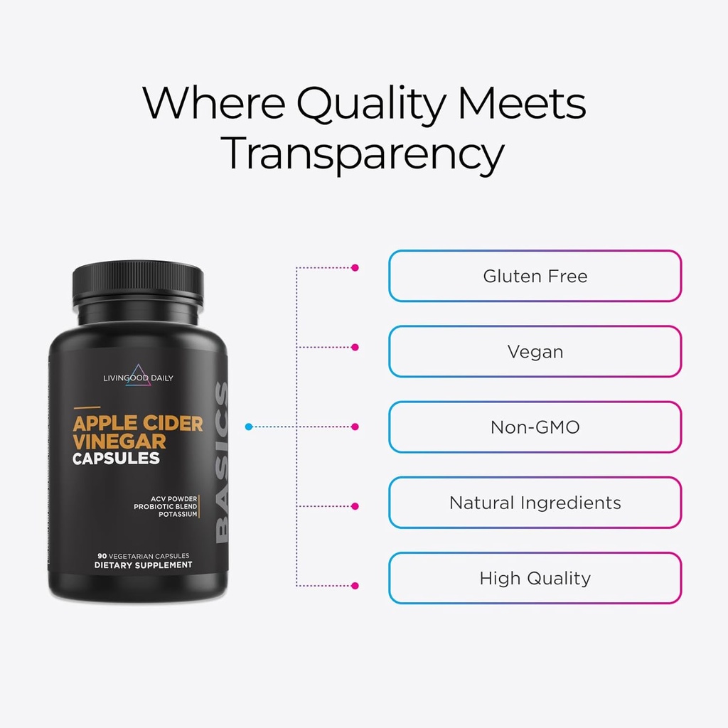 Livingood Daily Apple Cider Vinegar Capsules with The Mother (1500mg) - ACV Pills with Probiotics & Potassium for Women & Men - Supports Gut Health, Digestion, Appetite & Weight - Vegan, 90 Capsules 5