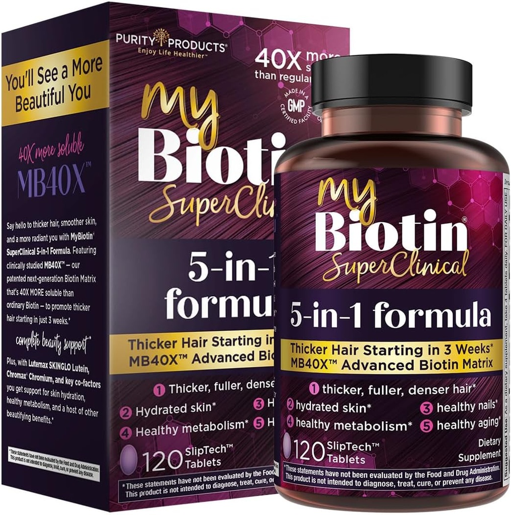 Purity Products MyBiotin SuperClinical New 5-in-1 Elite Multivitamin + MB40X Biotin Matrix Daily Multi - Thicker Hair Starting in 3 Weeks - 40X More Soluble vs Ordinary Hair Skin Nails - 120 Tabs 2