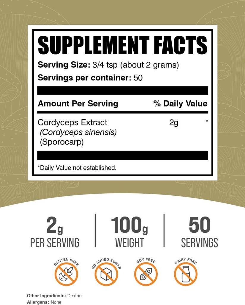 BulkSupplements.com Cordyceps Mushroom Extract Powder - Cordyceps Sinensis, Mushroom Supplement - Vegan & Gluten Free, 2g per Serving, 100g (3.5 oz) (Pack of 1) 3