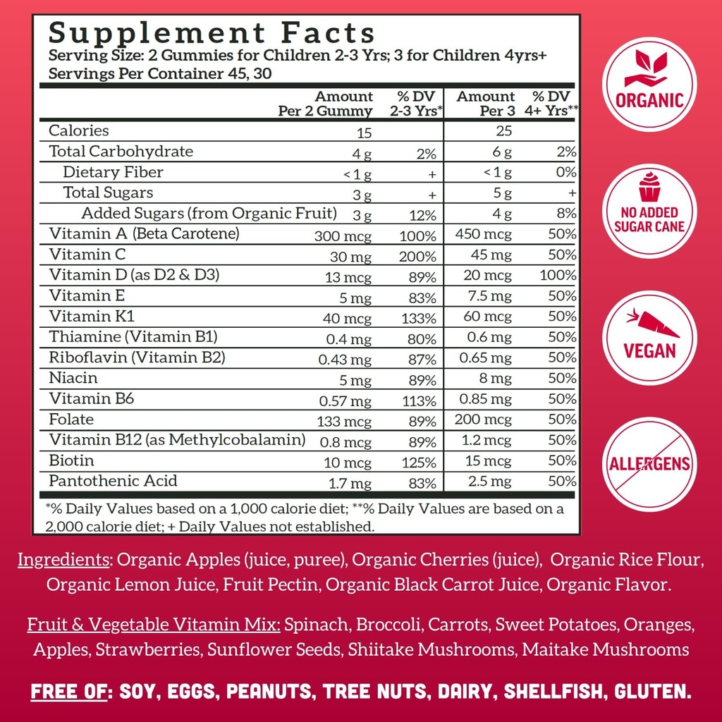 Llama Naturals Kids Multivitamin Gummies, Vegan, Organic with Vitamin D, C & K, Toddler Real Fruit Gummy Vitamins, Chewable Supplement, Whole Food Multivitamin, No Added Sugar Cane, Cherry, 90 Ct 5