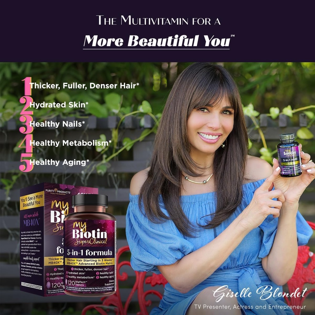 Purity Products MyBiotin SuperClinical New 5-in-1 Elite Multivitamin + MB40X Biotin Matrix Daily Multi - Thicker Hair Starting in 3 Weeks - 40X More Soluble vs Ordinary Hair Skin Nails - 120 Tabs 4
