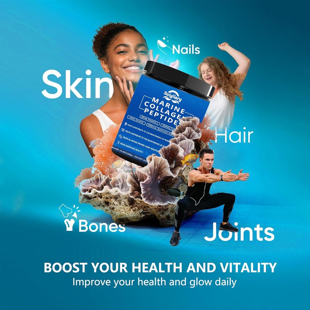 Collagen Peptides Powder for Women, Multi Marine Hydrolyzed for Healthy Hair, Skin, Nails with Hyaluronic Acid, Biotin, Vitamin C, 30 Servings (10.6 OZ, Strawberry) 3