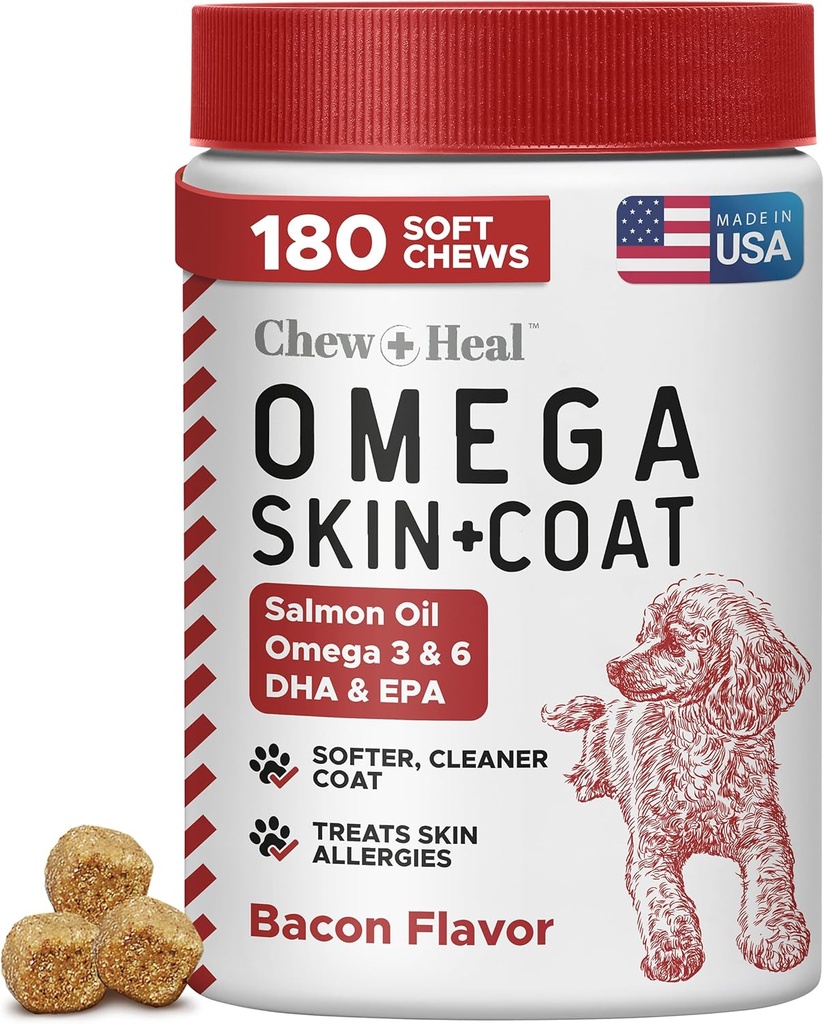 Omega for Dogs - 180 Delicious Soft Chews - Salmon Oil Treats for Skin and Coat, Itch Relief - Fish Oil Blend of Essential Fatty Acids, Omega 3, 6, and 9, and Vitamins - Smoked Bacon Flavor 2