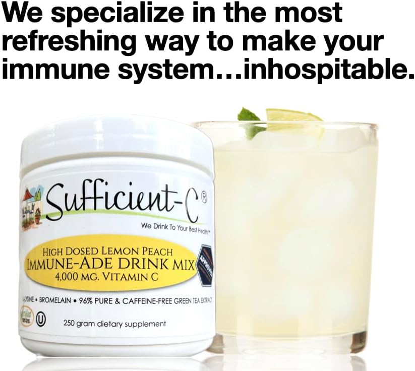 Sufficient-C High Dose Non-GMO Vitamin C - Lemon Peach Immune-Ade Drink Mix 250 Grams - Healthy Hydration Like Never Before (2 Pack) 6