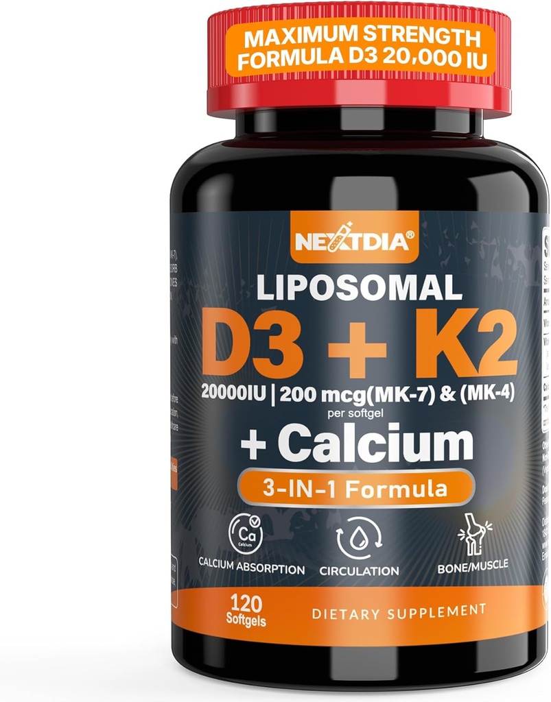 Vitamin D3 20,000 IU + Vitamin K2( MK7 )200mcg - Optimal Vitamin D3 & K2 Softgel - Strong Bones & Muscle, Calcium Absorption & Immune Support, Helping Vitamin D Deficiencies, Easy to Swallow, Non GMO 2