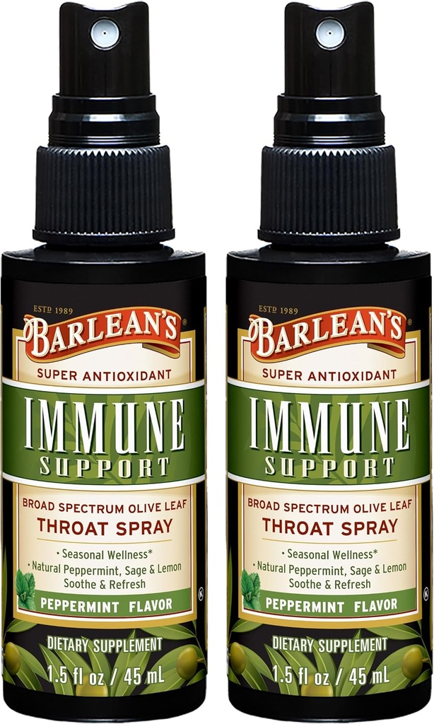Barlean's 2 Pack Olive Leaf Complex Throat Spray with Peppermint, Lemon, and Sage for Itchy Throat Relief, Immune Support Supplement, Liquid Blended Extract, 1.5 oz 2