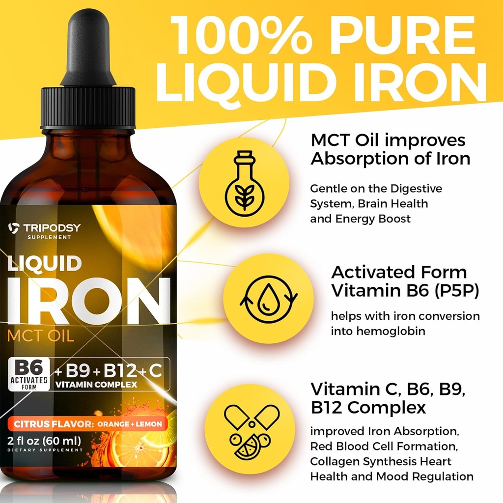 Liquid Iron Supplement with Vitamins B6, B9, B12, C, Folate & MCT Oil (2 Fl Oz, Citrus) + Pure Himalayan Shilajit Resin 600mg for Immune Support & Energy (68g) 6