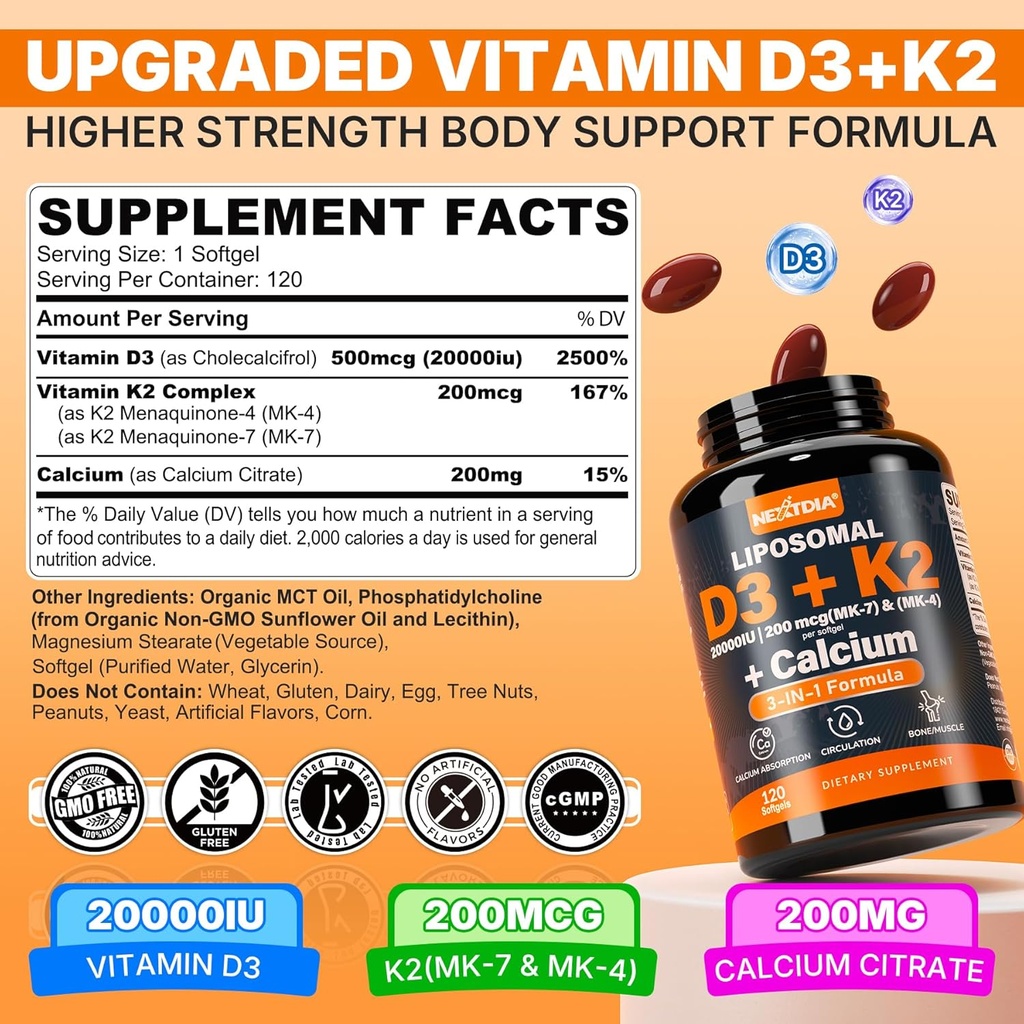 Vitamin D3 20,000 IU + Vitamin K2( MK7 )200mcg - Optimal Vitamin D3 & K2 Softgel - Strong Bones & Muscle, Calcium Absorption & Immune Support, Helping Vitamin D Deficiencies, Easy to Swallow, Non GMO 4