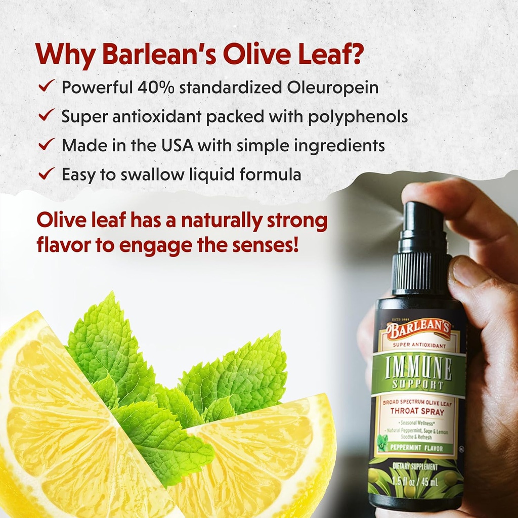 Barlean's 2 Pack Olive Leaf Complex Throat Spray with Peppermint, Lemon, and Sage for Itchy Throat Relief, Immune Support Supplement, Liquid Blended Extract, 1.5 oz 4