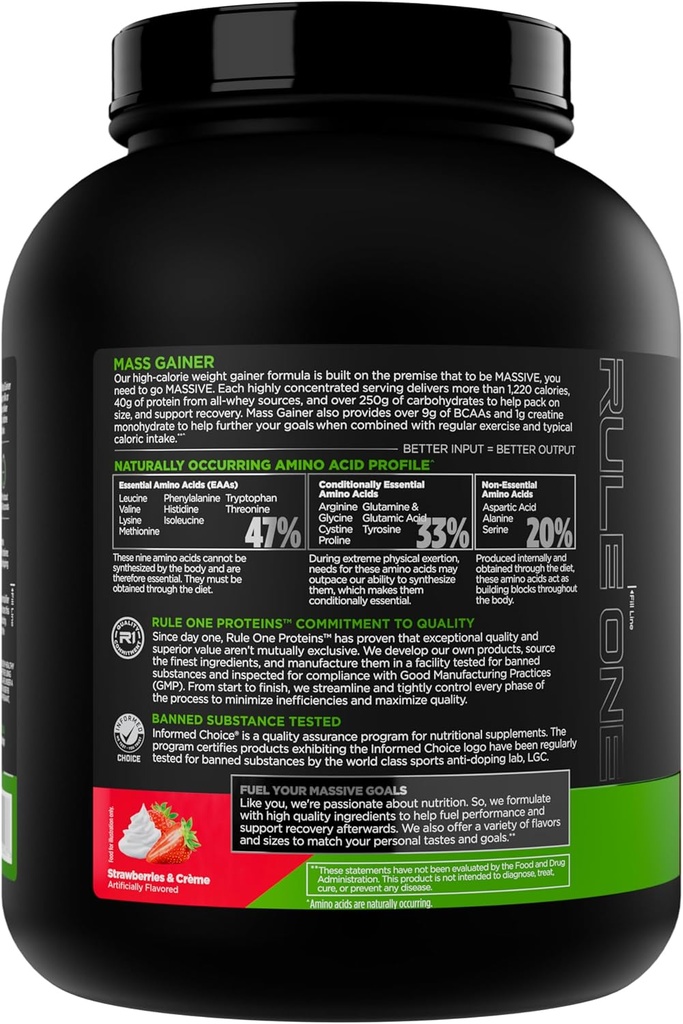 Rule 1 Mass Gainer - High-Calorie Weight Gain Formula with 1,220+ Calories, 250g+ Complex Carb Blend, 40g All-Whey Protein Per Serving (8 Servings, Strawberries & Crème) 4