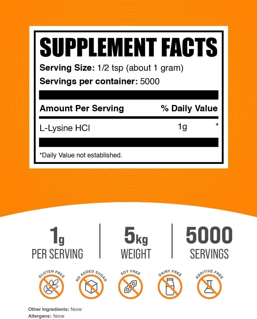 BulkSupplements.com L-Lysine Powder - Lysine Supplement, Essential Amino Acid, for Immune Support - Gluten Free, 1g per Serving, 1kg (Pack of 5) (11 lbs) 3