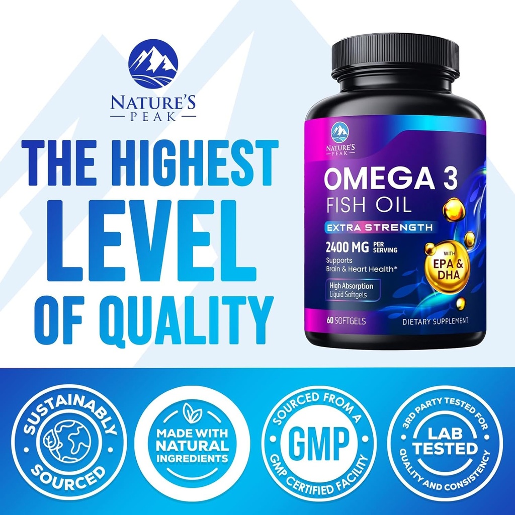 Omega 3 Fish Oil 2400 mg Supplement, Sustainably Sourced, Triple Strength Omega-3 Supplement Softgels, Brain Health Support, EPA & DHA Fish Oil Fatty Acids Supplements, Gluten & GMO Free, 60 Softgels 5