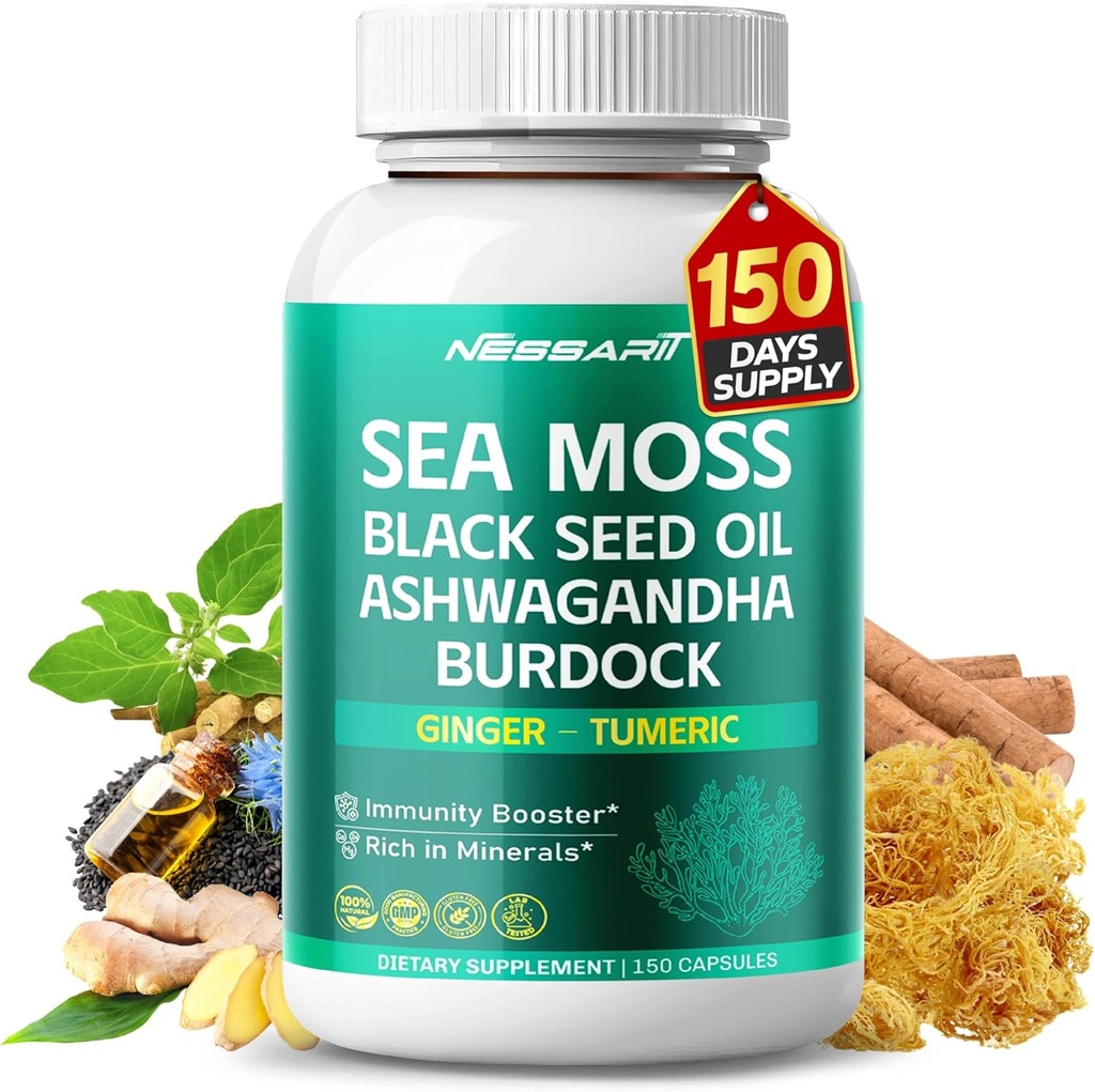 Sea Moss Supplement - 16-in-1 Natural Blend with Black Seed Oil Ashwagandha Burdock Bladderwrack Ginger Dandelion - 150 Count - Made & Tested in The USA 2