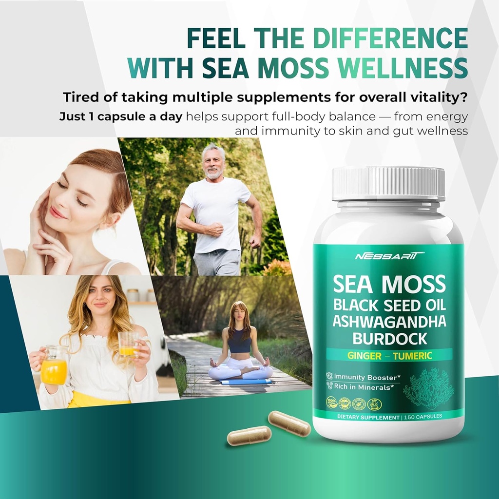 Sea Moss Supplement - 16-in-1 Natural Blend with Black Seed Oil Ashwagandha Burdock Bladderwrack Ginger Dandelion - 150 Count - Made & Tested in The USA 3