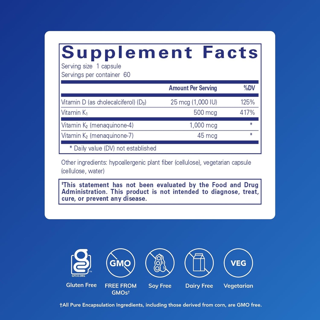 Pure Encapsulations Synergy K - with Vitamin K1, K2 & D3 - Supports Bones, Blood Vessels, Vascular Elasticity & Calcium Utilization* - Includes Cholecalciferol - Gluten Free & Non-GMO - 60 Capsules 3