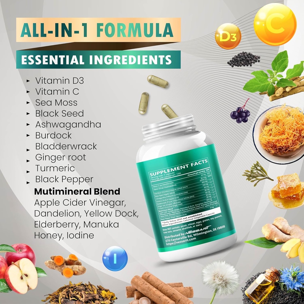 Sea Moss Supplement - 16-in-1 Natural Blend with Black Seed Oil Ashwagandha Burdock Bladderwrack Ginger Dandelion - 150 Count - Made & Tested in The USA 5