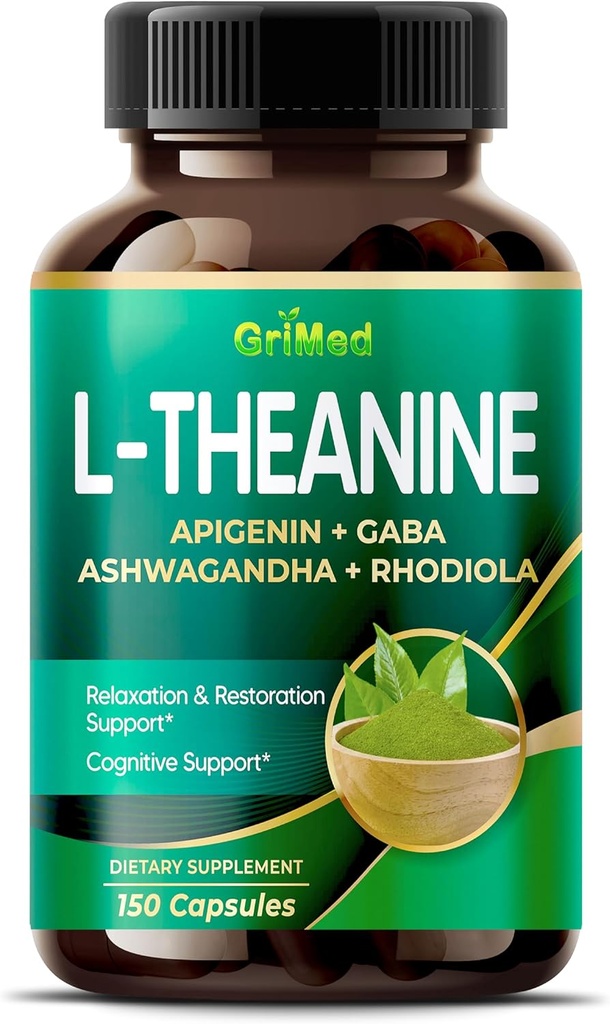GriMed L-Theanine 11,900mg- X10 Power with Apigenin, GABA Ashwagandha, Rhodiola - Relaxation & Restoration Focus and Memory - Made in USA (150 Count (Pack of 1)) 2