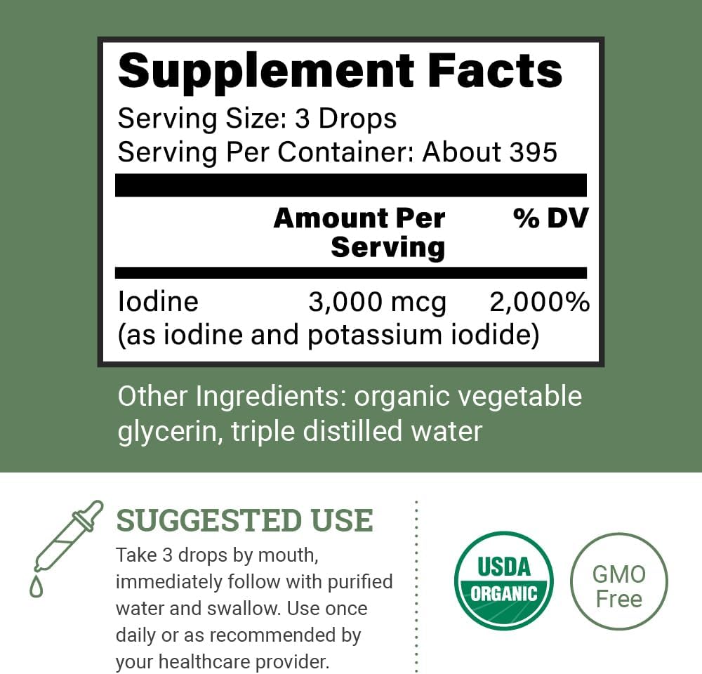 Organic Lugol's Iodine, Iodine and Potassium Iodide 2% Solution 3000 mcg - Liquid Supplement Drops for Thyroid Support for Women & Men, Metabolism Health, Detox Boost - Non-GMO, 395 Servings (2 Oz) 3