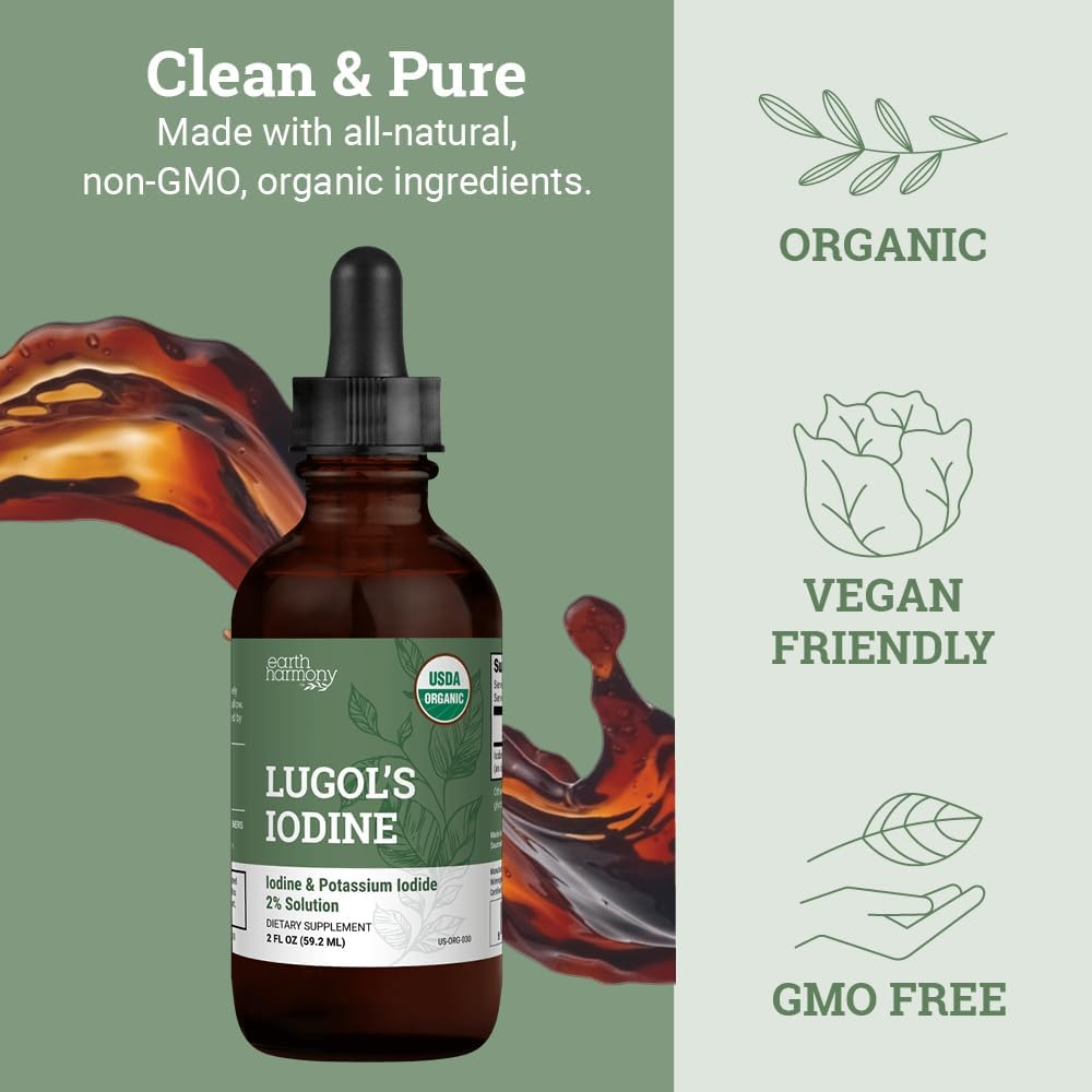 Organic Lugol's Iodine, Iodine and Potassium Iodide 2% Solution 3000 mcg - Liquid Supplement Drops for Thyroid Support for Women & Men, Metabolism Health, Detox Boost - Non-GMO, 395 Servings (2 Oz) 6