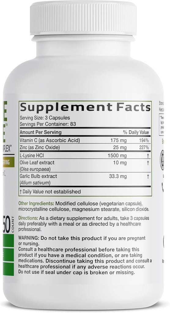 Bronson L-Lysine Defense Immune Support Complex 1500 MG L-Lysine Plus Olive Leaf, Garlic, Vitamin C and Zinc - Non-GMO, 250 Vegetarian Capsules 3