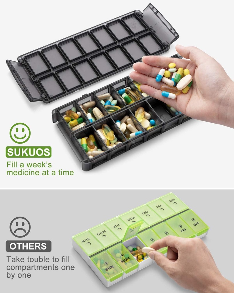 Sukuos Weekly Pill Organizer 7 Day 2 Times a Day, Quick Fill Daily Pill Box (AM PM), Extra Large Pill Cases for Vitamin/Fish Oil/Supplements, Arthritis Friendly, Easy to Clean 5
