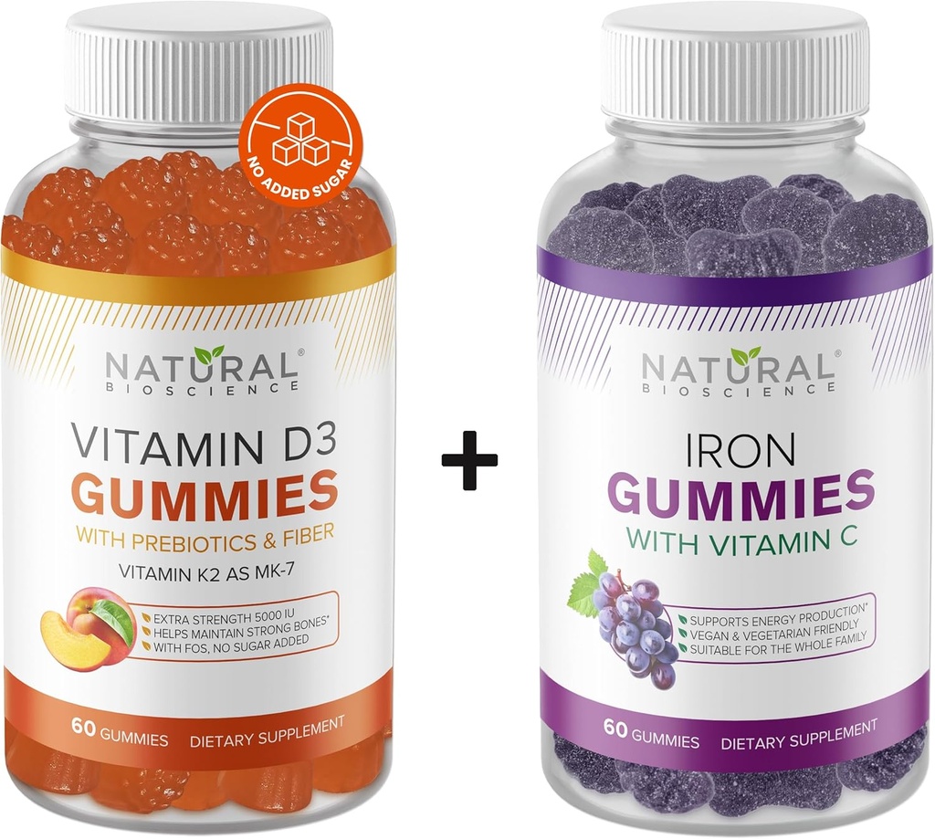 Natural BioScience Sugar Free Vitamin D3 K2 Gummies 5000 IU & Iron Gummies with Vitamin C, Extra Strength, Immune Support, Bone Health, Heart Health, Energy Support, 60 Gummy Vitamins 2