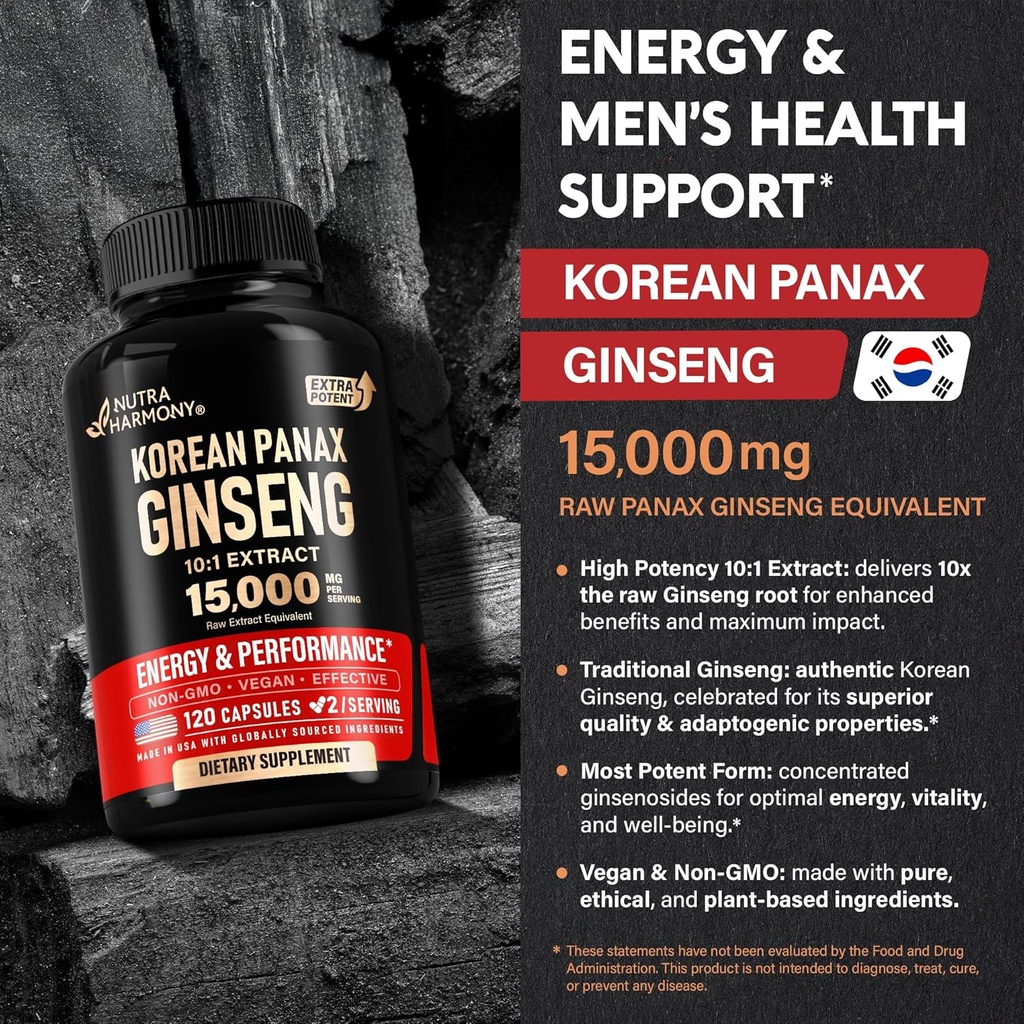 Panax Ginseng 15,000 mg - Red Korean Ginseng Supplement for Men - Extra Strength 10:1 Extract - Energy, Focus, Productivity & Performance - Natural & Vegan - Made in USA - 120 Capsules, 2 Month Supply 5