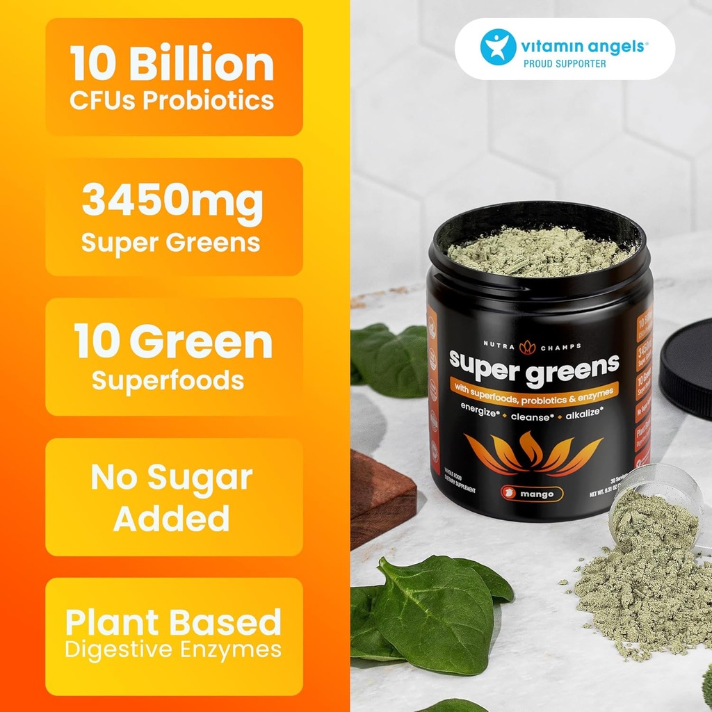 NutraChamps Super Greens Powder Premium Superfood | 20+ Organic Green Veggie Whole Foods | Wheat Grass, Spirulina, Chlorella | Antioxidant, Digestive Enzyme & Probiotic Blends (9.0 OZ, Mango) 6