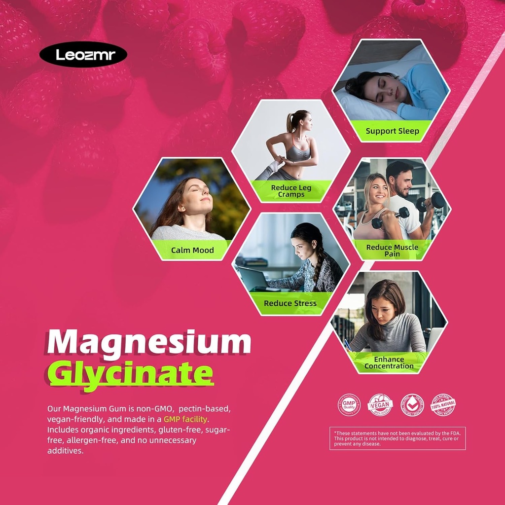 Magnesium Glycinate Gummies 1000mg - Sugar Free Magnesium Potassium Supplement with Vitamin D, B6, CoQ10 for Calm Mood & Sleep Support - 60Raspberry Gummies 5