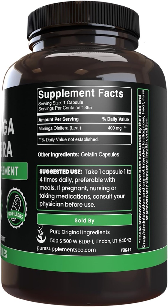Pure Original Ingredients Moringa (365 Capsules) No Magnesium Or Rice Fillers, Always Pure, Lab Verified 3