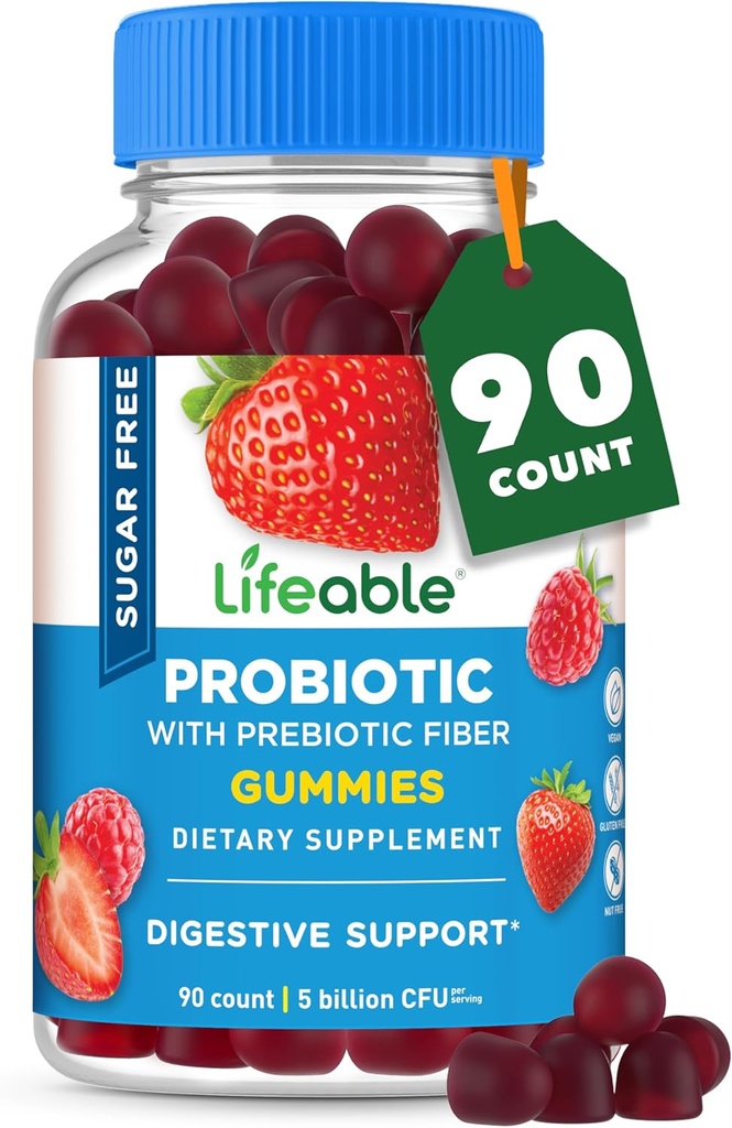 Lifeable Sugar Free Probiotics with Prebiotics Fiber – Great Tasting Natural Flavor Gummy Supplement – Keto Friendly Chewable – for Gut Health and Immune Support – for Adults, Man, Women – 90 Gummies 2