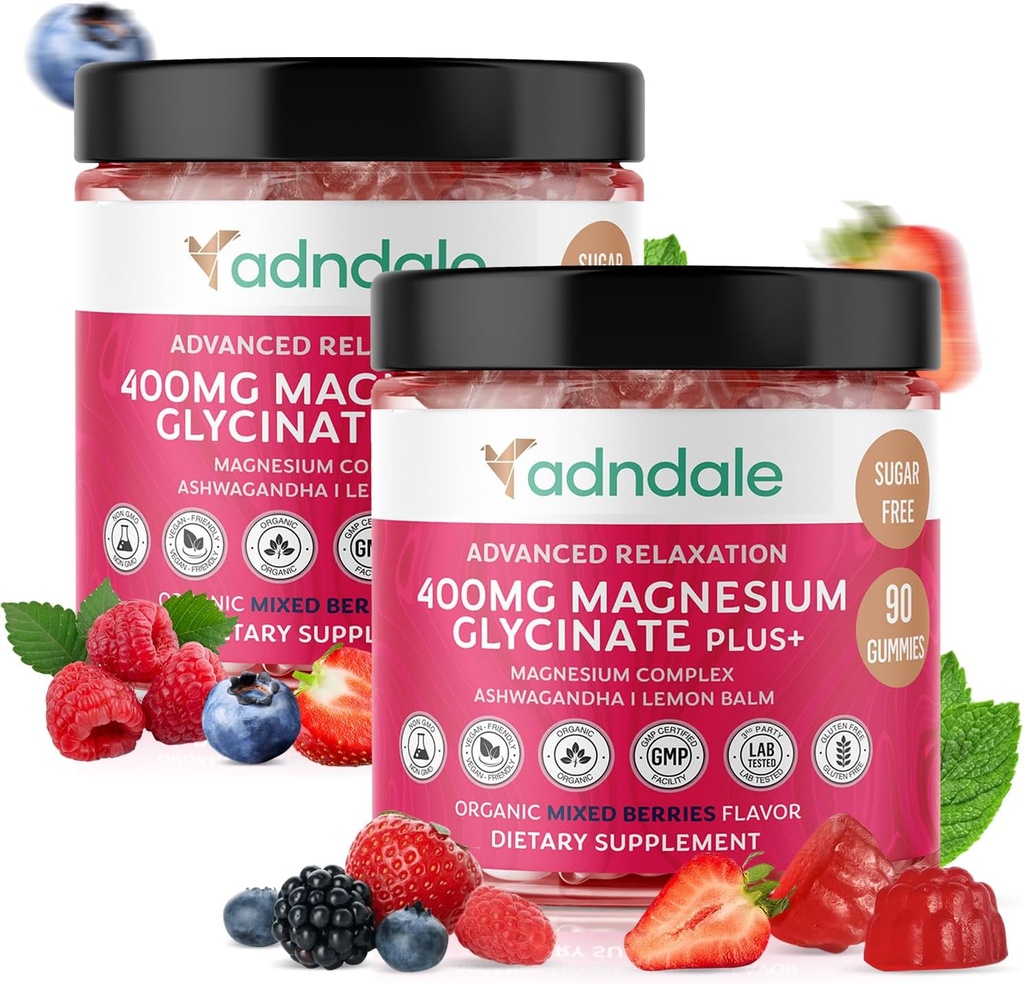 Adndale 180 CT Magnesium Glycinate Gummies 400 mg/Serv, with Ashwagandha, Magnesium Malate & Taurate, Sugar Free Chews for Adults & Kids. 2