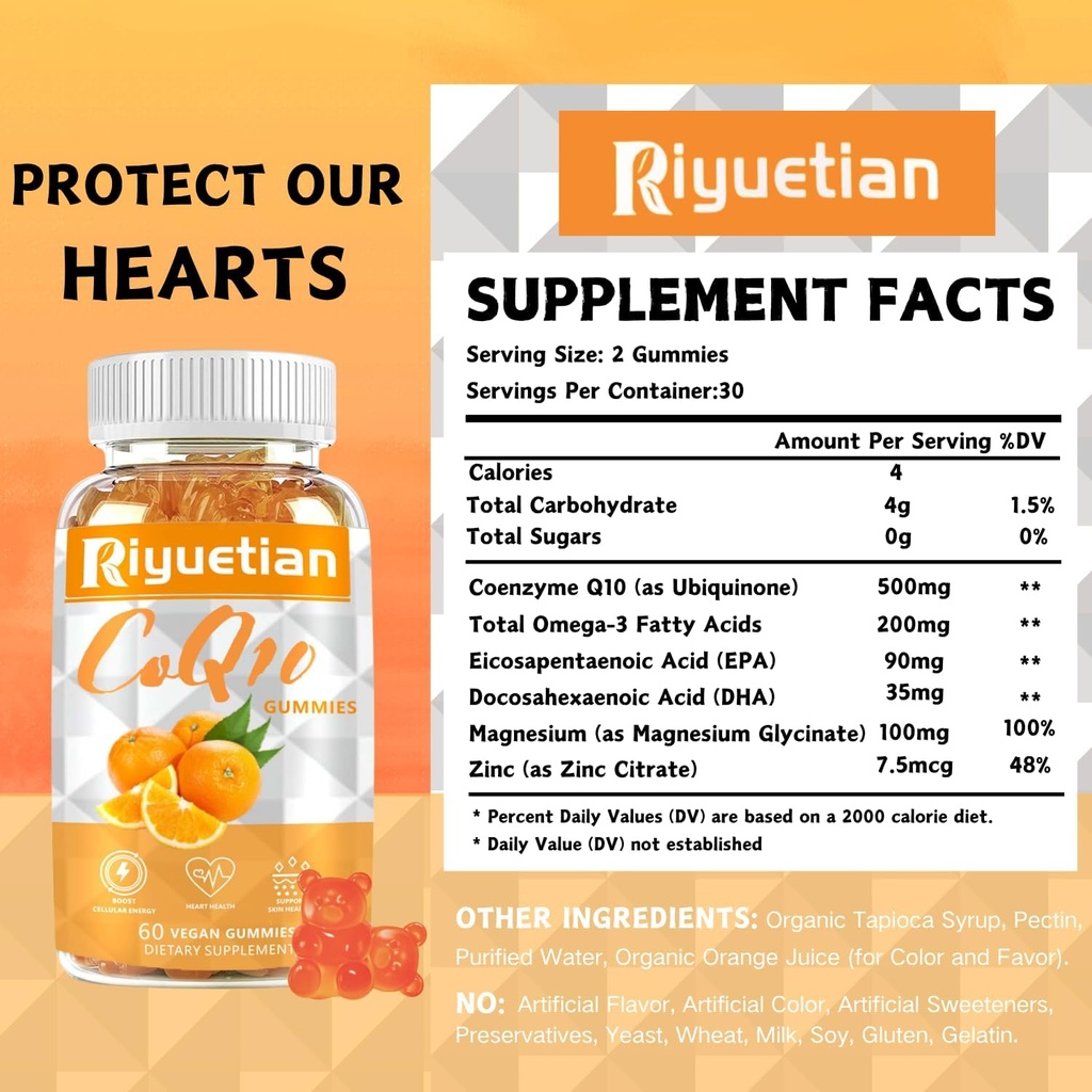 COQ10 Gummies - CoQ10 500mg + Omega-3 EPA/DHA + Magnesium Glycinate + Zinc Citrate, to Support Heart Health, Energy Production, Immune System & Mineral Absorption, 30 Servings 4