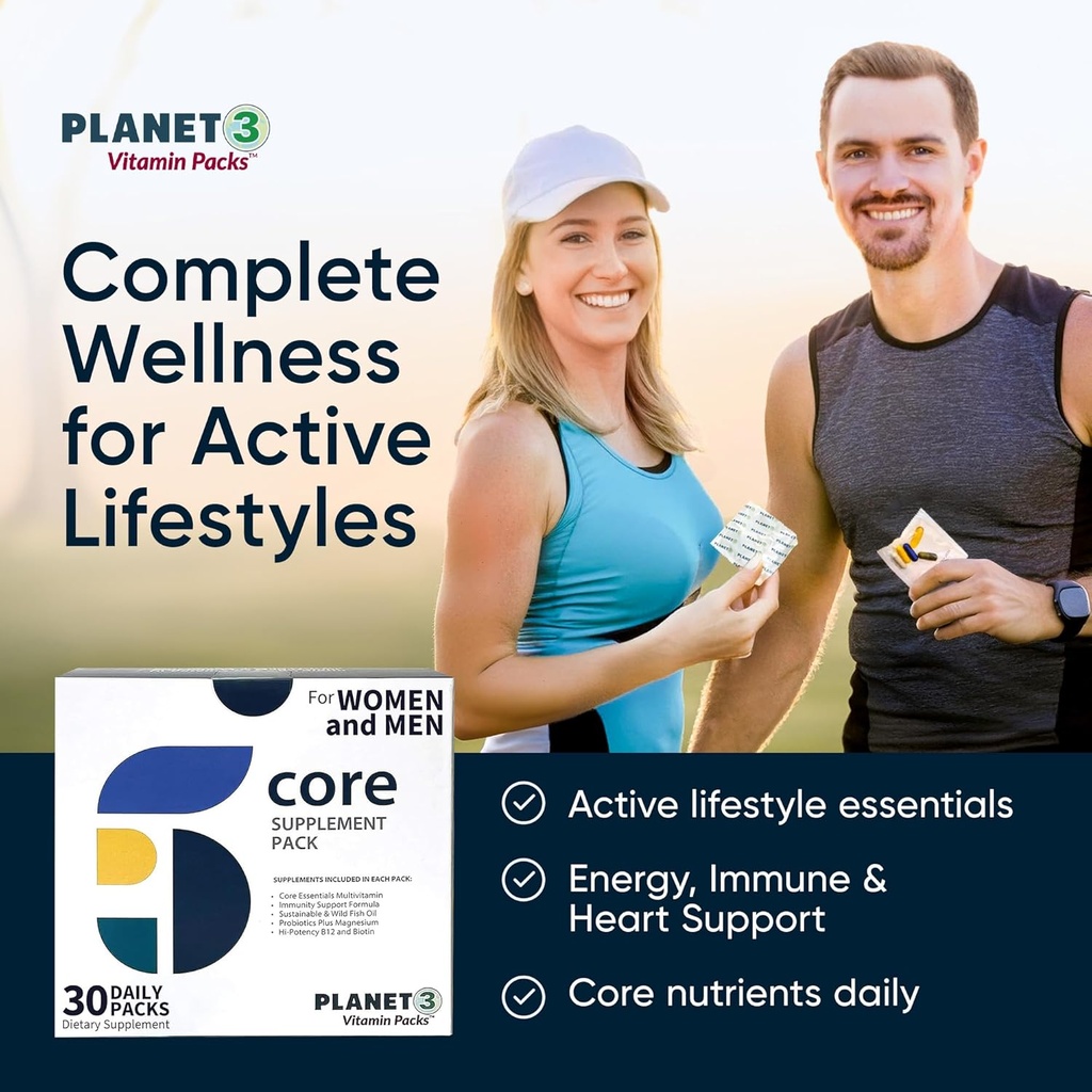 Planet 3 Vitamin Packs, Daily Vitamins for Both Men & Women, Energy, Immune & Heart Support | Multivitamin, Vitamin D, Omega 3, Probiotics, Biotin, B12 & More | Core Supplements | 90 Daily Packs 4