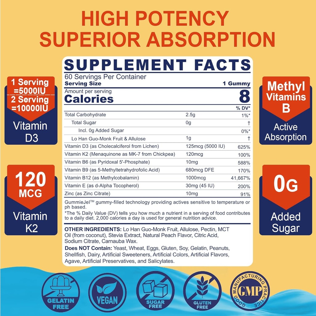 Vitamin D3 5000IU + K2 (MK-7) 120mcg, Sugar-Free Vitamin D3 K2 Filled Gummies with Vitamin B Complex - Methyl B12, B9, B6 | Vitamin E & Zinc, MCT Oil - Supports Bone & Teeth Strength, Immune, 2PACK 3