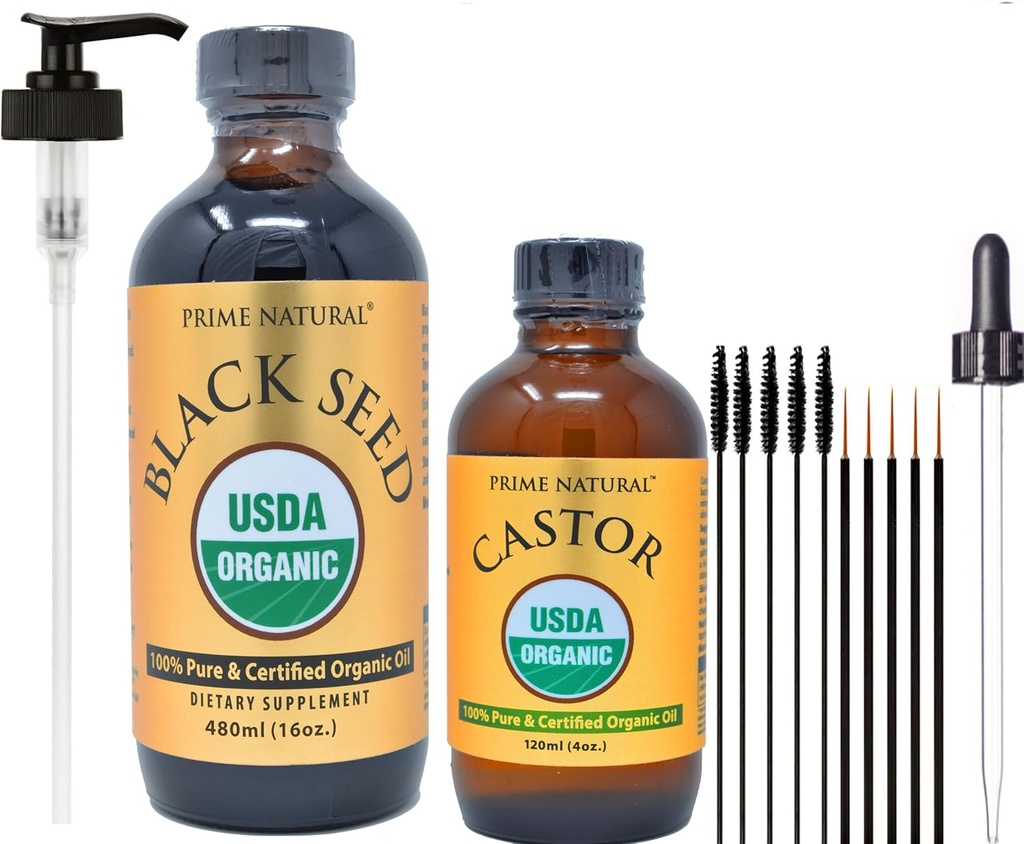 PRIME NATURAL Organic Black Seed Oil & Organic Castor Oil - 2 Oil Bundle - USDA Certified - Cold Pressed, Virgin, Unrefined, Vegan, No Preservatives 2
