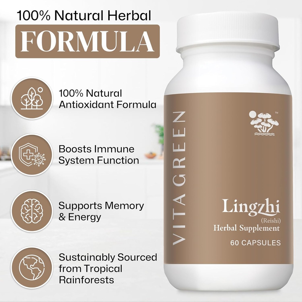 Vita Green Lingzhi Mushroom Supplement - Immune Support & Natural Energy Capsules - Red Reishi Mushroom Powder - Pure 5 Defenders Blend - 60 Capsules 5