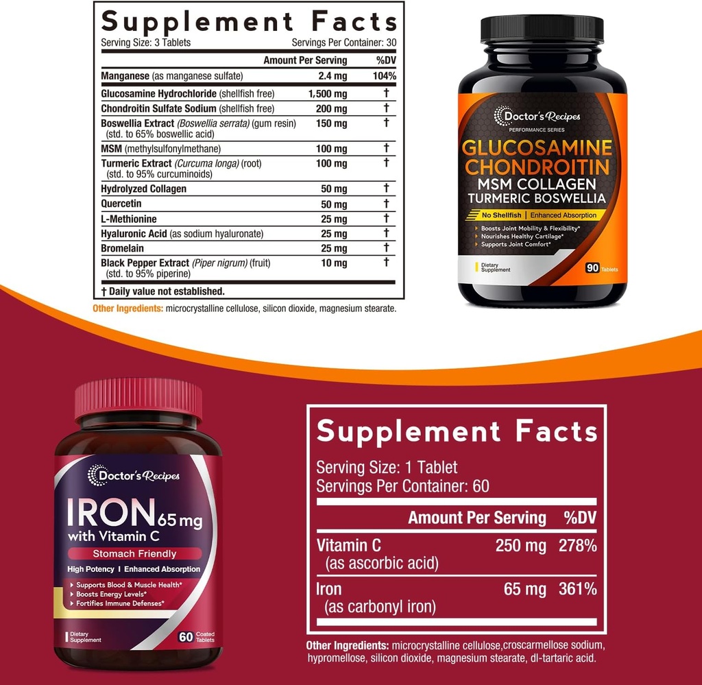 Doctor's Recipes Iron 65 mg & Glucosamine Chondroitin MSM Bundle, Healthy Iron Levels & Comfortable Joints, Iron Tablets 60 ct & Joint Support Tablets 90 ct 3