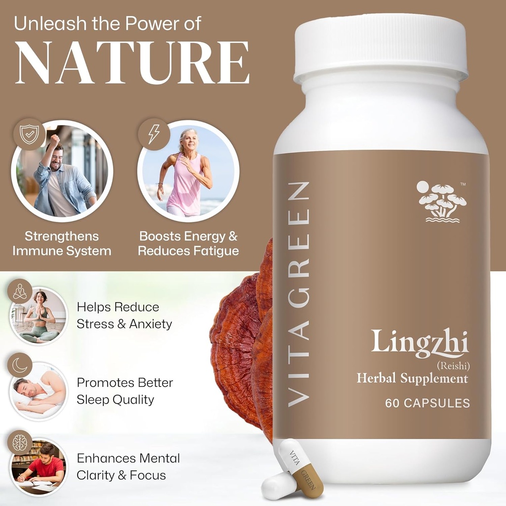 Vita Green Lingzhi Mushroom Supplement - Immune Support & Natural Energy Capsules - Red Reishi Mushroom Powder - Pure 5 Defenders Blend - 60 Capsules 6
