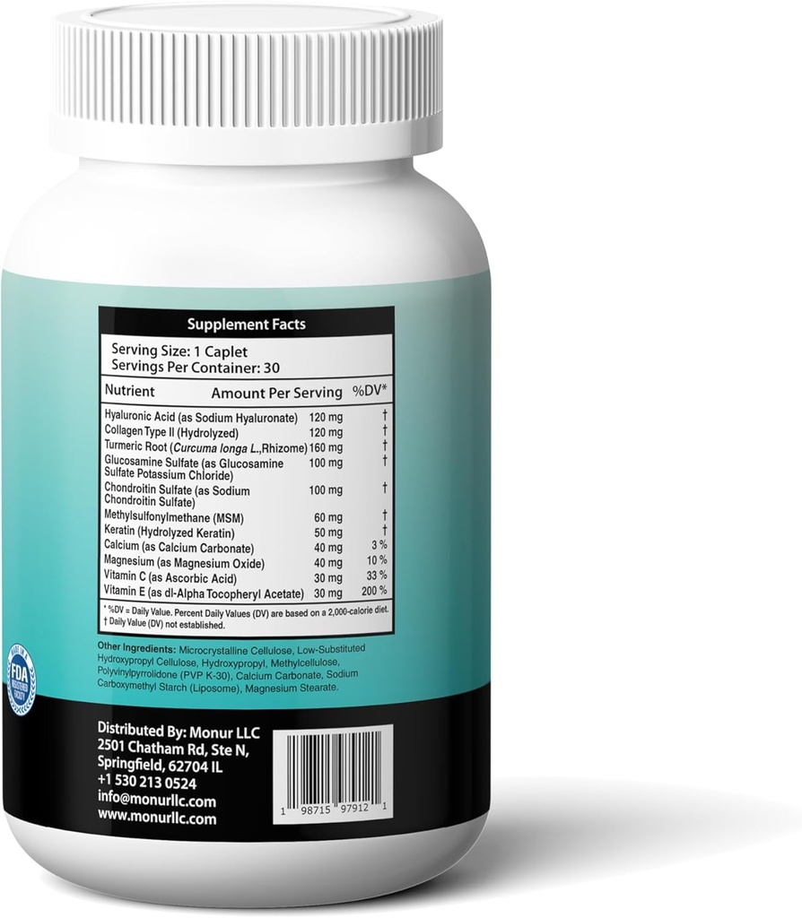 Hyaluronic Acid Supplement, Natural Skin Hydration, Advanced Joint Support and Mobility Booster, Type II Hydrolyzed Collagen, Turmeric, Glucosamine, Chondroitin, 30Caplets 850Mg 3