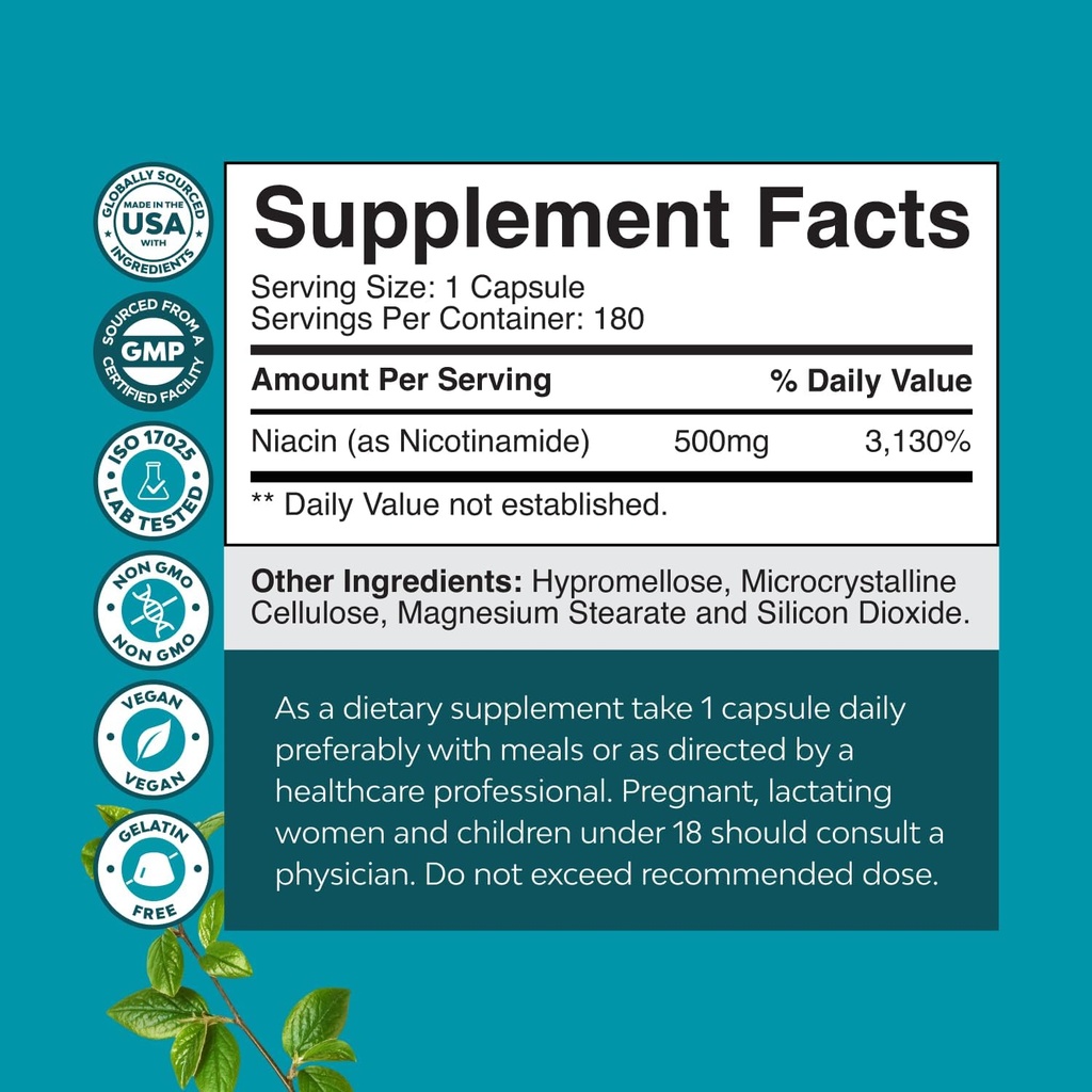 Vitamin B3 Niacinamide 500mg Capsules - Mitochondrial Energy and Potent Skin Supplement - AKA Vitamin B3 Niacin 500mg Flush Free and Nicotinamide 500mg - Flush Free Niacin Supplement - 180 Count 4