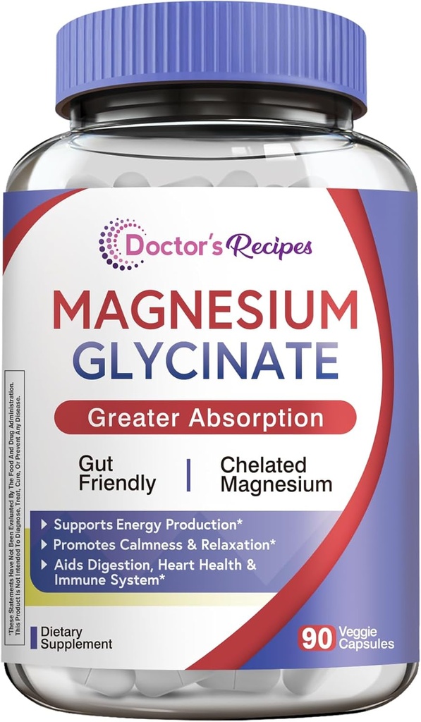 Doctor's Recipes Magnesium Glycinate Supplement, Amino Acid Chelated, Non Buffered, High Absorption, Easy on Stomach, Support Calm, Bone, Heart, Energy, Nerve, 90 Vegan Capsules 2