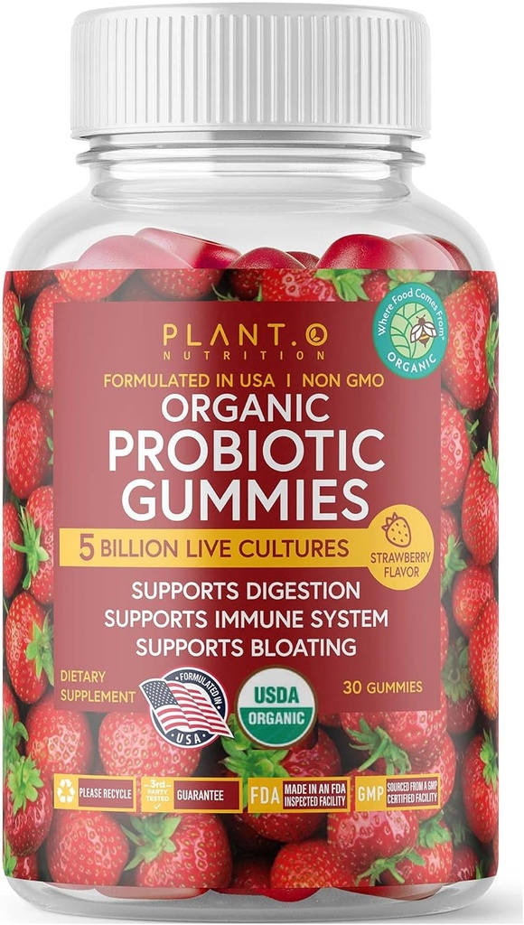 Plant.O Organic Probiotic Gummies for Women, Men & Kids [5 Billion CFUs USDA Certified] Help Support Digestion, Bloating, Constipation & Immune System, Strawberry Flavor, 30 Chewable Probiotics 2