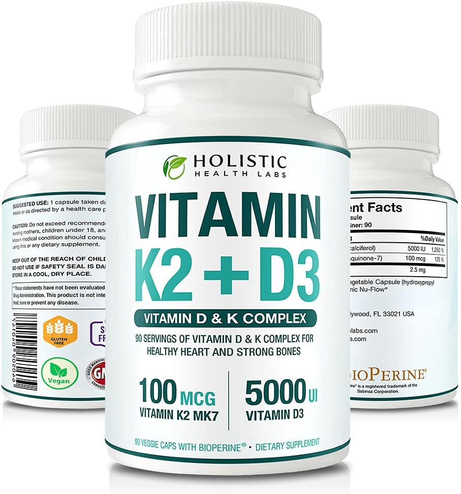Max Absorption Vitamin K2 + D3 (5000IU) 90 Veggie Capsules from MK-7 (Menaquinone-7) and Cholecalciferol (with BioPerine) 3-Months Supply – D3 with K2 for Healthy Heart and Strong Bones | Non-GMO 2
